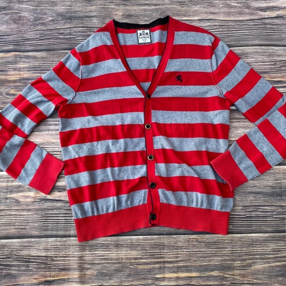 GUC Men Express Sz XL Striped Cardigan Sweater Red & Gray Button Front Cotton